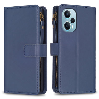 Xiaomi Poco F5 5G Leather Flip Phone Case with Zipper Wallet and 9 Card Slots, Durable PU + TPU Material