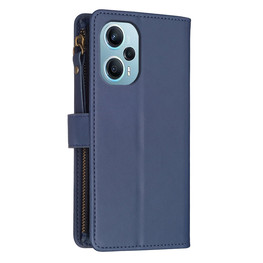 Xiaomi Poco F5 5G Leather Flip Phone Case with Zipper Wallet and 9 Card Slots, Durable PU + TPU Material