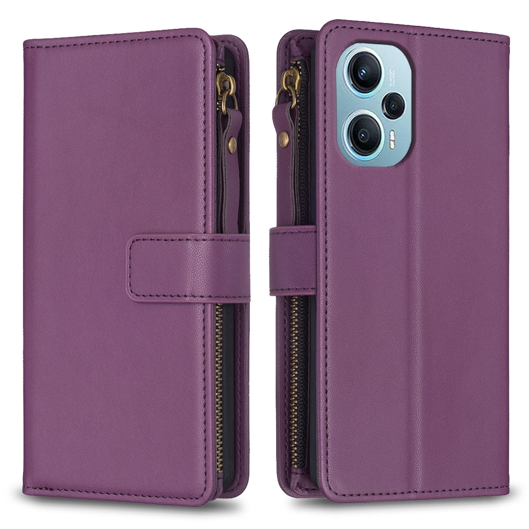 Xiaomi Poco F5 5G Leather Flip Phone Case with Zipper Wallet and 9 Card Slots, Durable PU + TPU Material