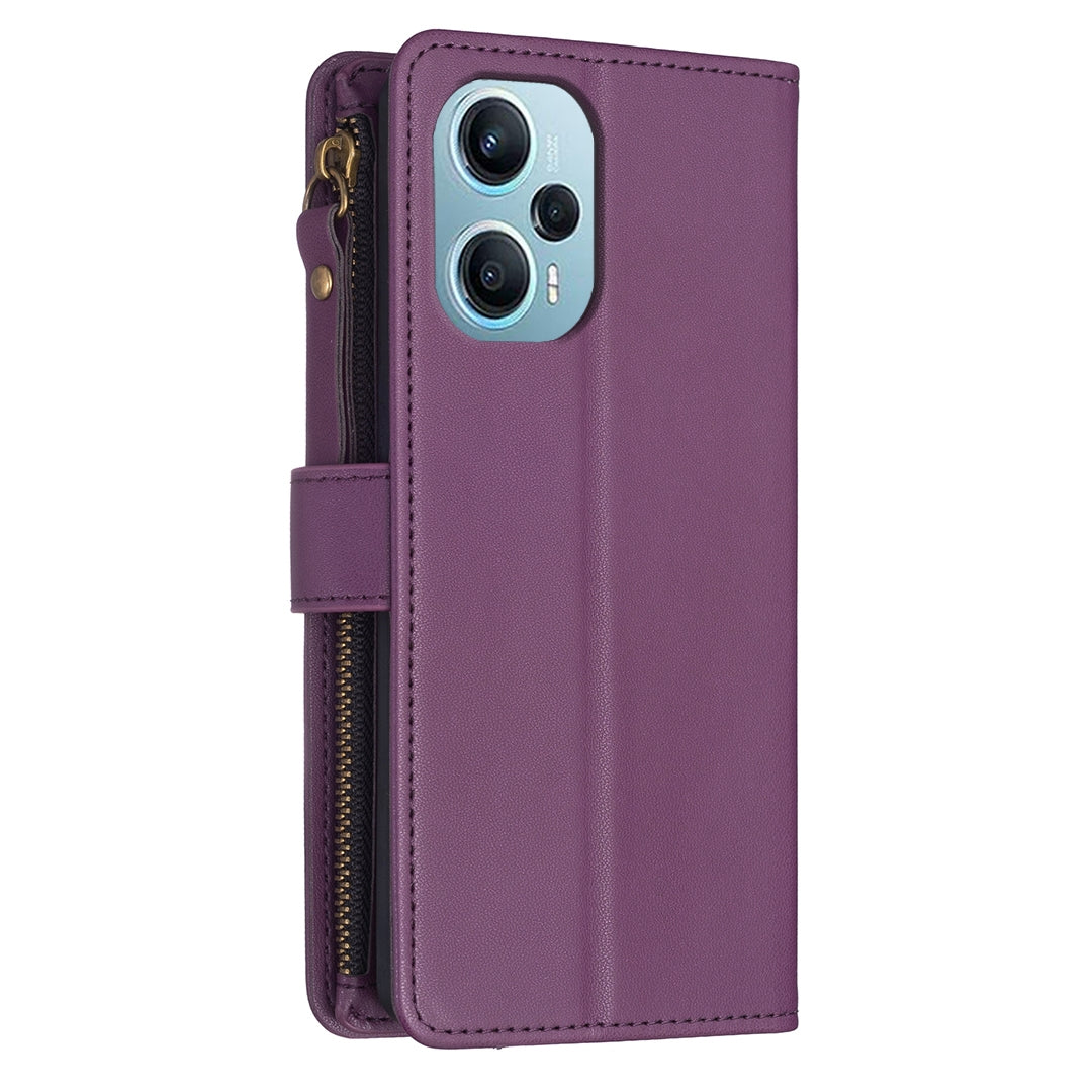 Xiaomi Poco F5 5G Leather Flip Phone Case with Zipper Wallet and 9 Card Slots, Durable PU + TPU Material