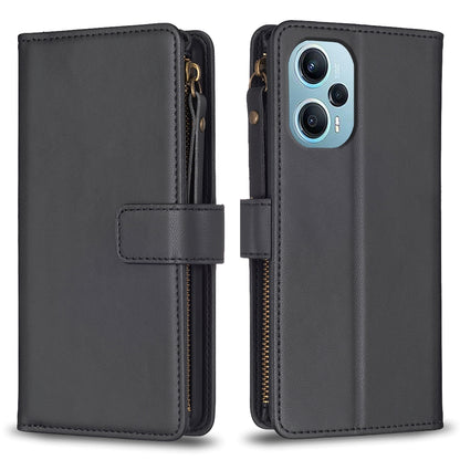 Xiaomi Poco F5 5G Leather Flip Phone Case with Zipper Wallet and 9 Card Slots, Durable PU + TPU Material