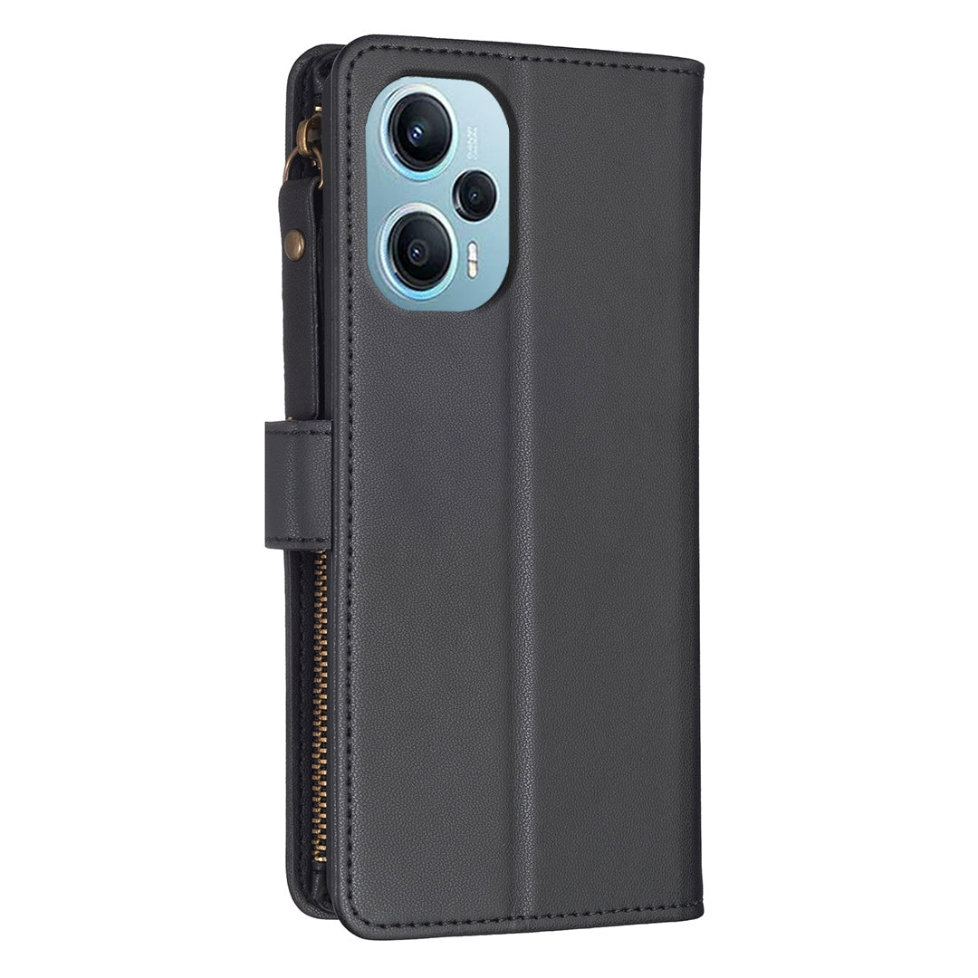 Xiaomi Poco F5 5G Leather Flip Phone Case with Zipper Wallet and 9 Card Slots, Durable PU + TPU Material