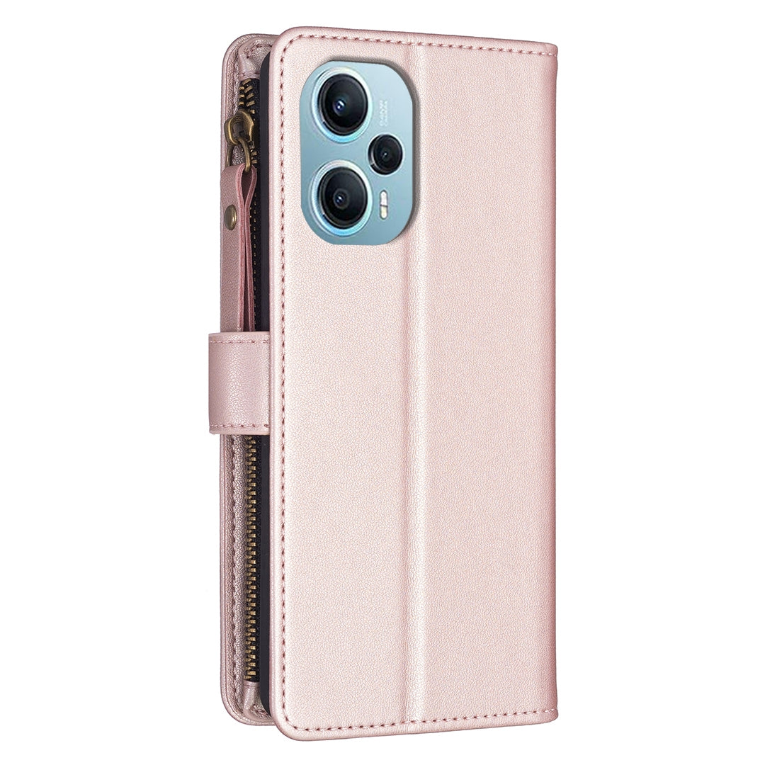 Xiaomi Poco F5 5G Leather Flip Phone Case with Zipper Wallet and 9 Card Slots, Durable PU + TPU Material