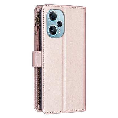 Xiaomi Poco F5 5G Leather Flip Phone Case with Zipper Wallet and 9 Card Slots, Durable PU + TPU Material