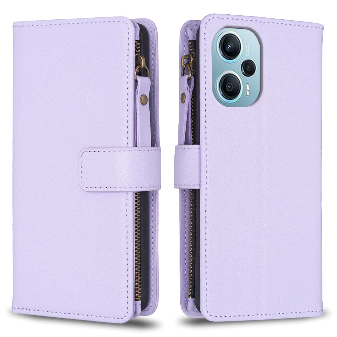 Xiaomi Poco F5 5G Leather Flip Phone Case with Zipper Wallet and 9 Card Slots, Durable PU + TPU Material