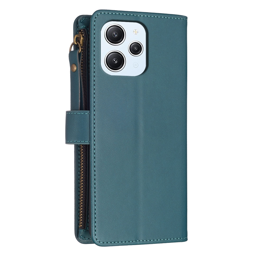 Xiaomi Redmi 12 4G Leather Flip Phone Case with Zipper Wallet and 9 Card Slots, Durable PU + TPU Material