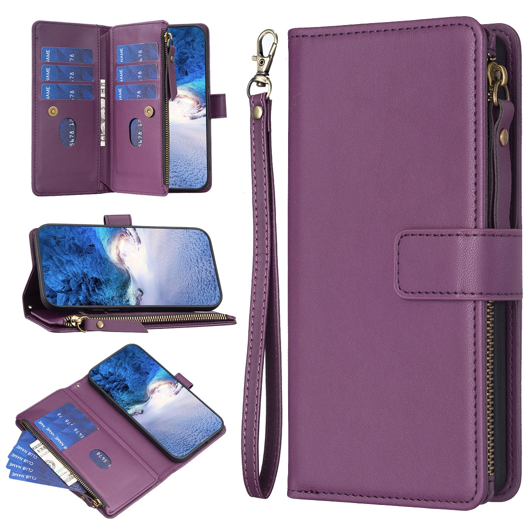 Xiaomi Redmi 12 4G Leather Flip Phone Case with Zipper Wallet and 9 Card Slots, Durable PU + TPU Material