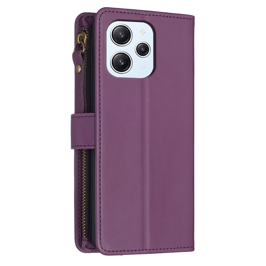 Xiaomi Redmi 12 4G Leather Flip Phone Case with Zipper Wallet and 9 Card Slots, Durable PU + TPU Material