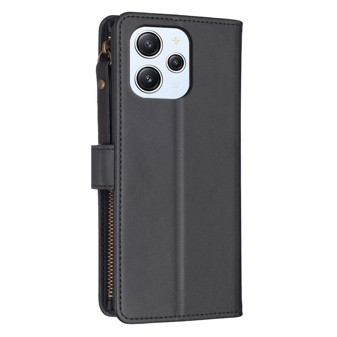 Xiaomi Redmi 12 4G Leather Flip Phone Case with Zipper Wallet and 9 Card Slots, Durable PU + TPU Material