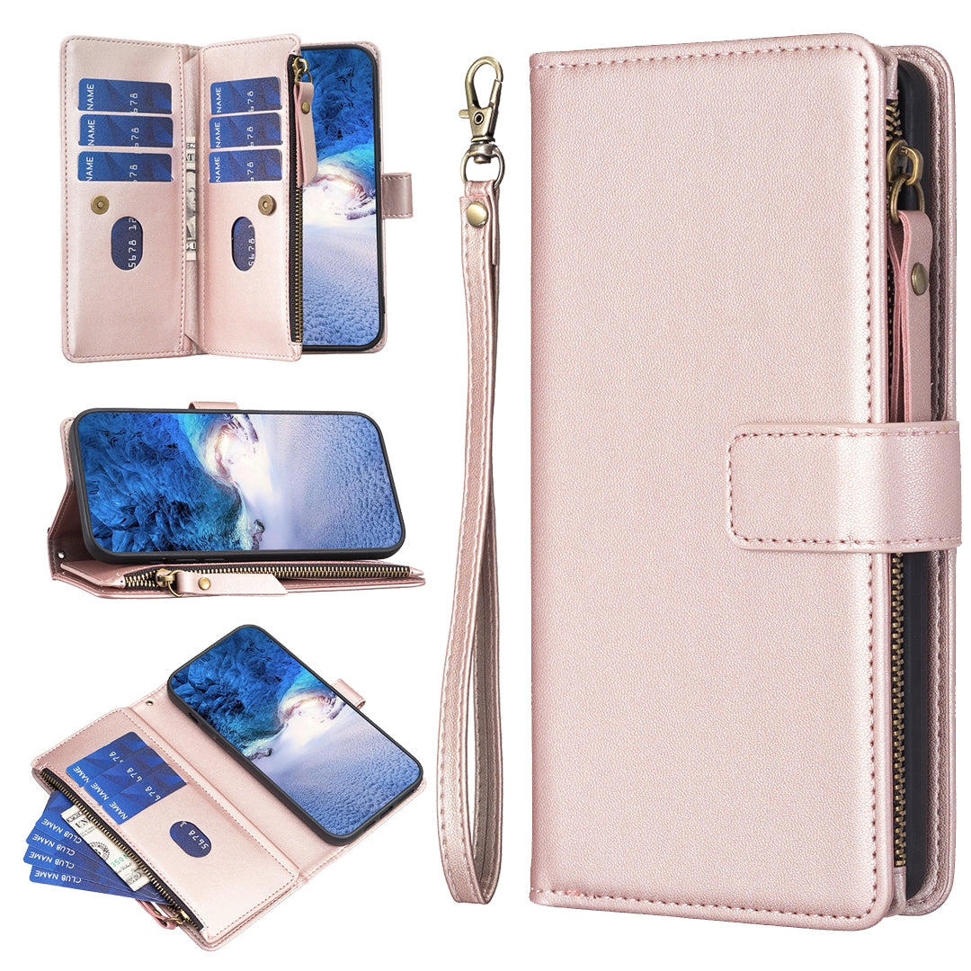 Xiaomi Redmi 12 4G Leather Flip Phone Case with Zipper Wallet and 9 Card Slots, Durable PU + TPU Material