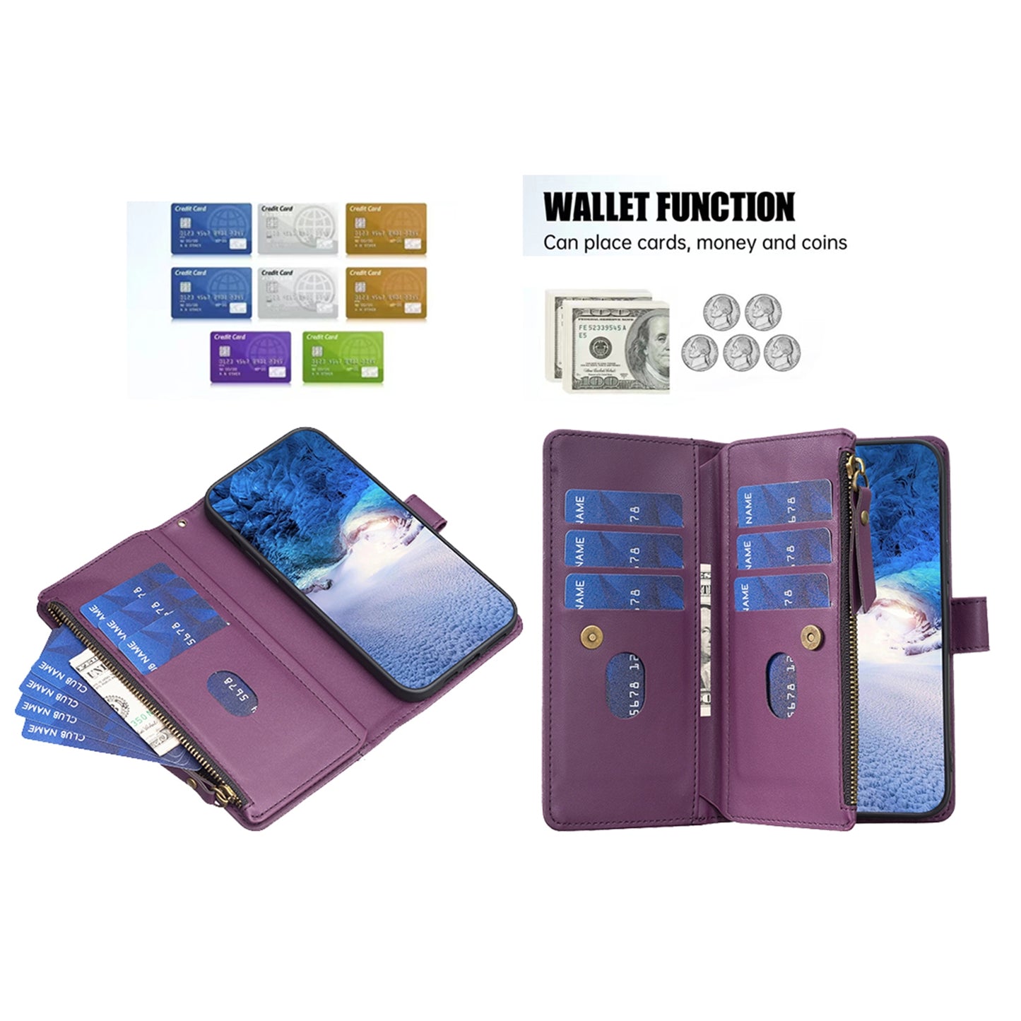 Xiaomi Redmi Note 13 Pro 5G Leather Flip Phone Case with Zipper Wallet and 9 Card Slots, Durable PU + TPU Material