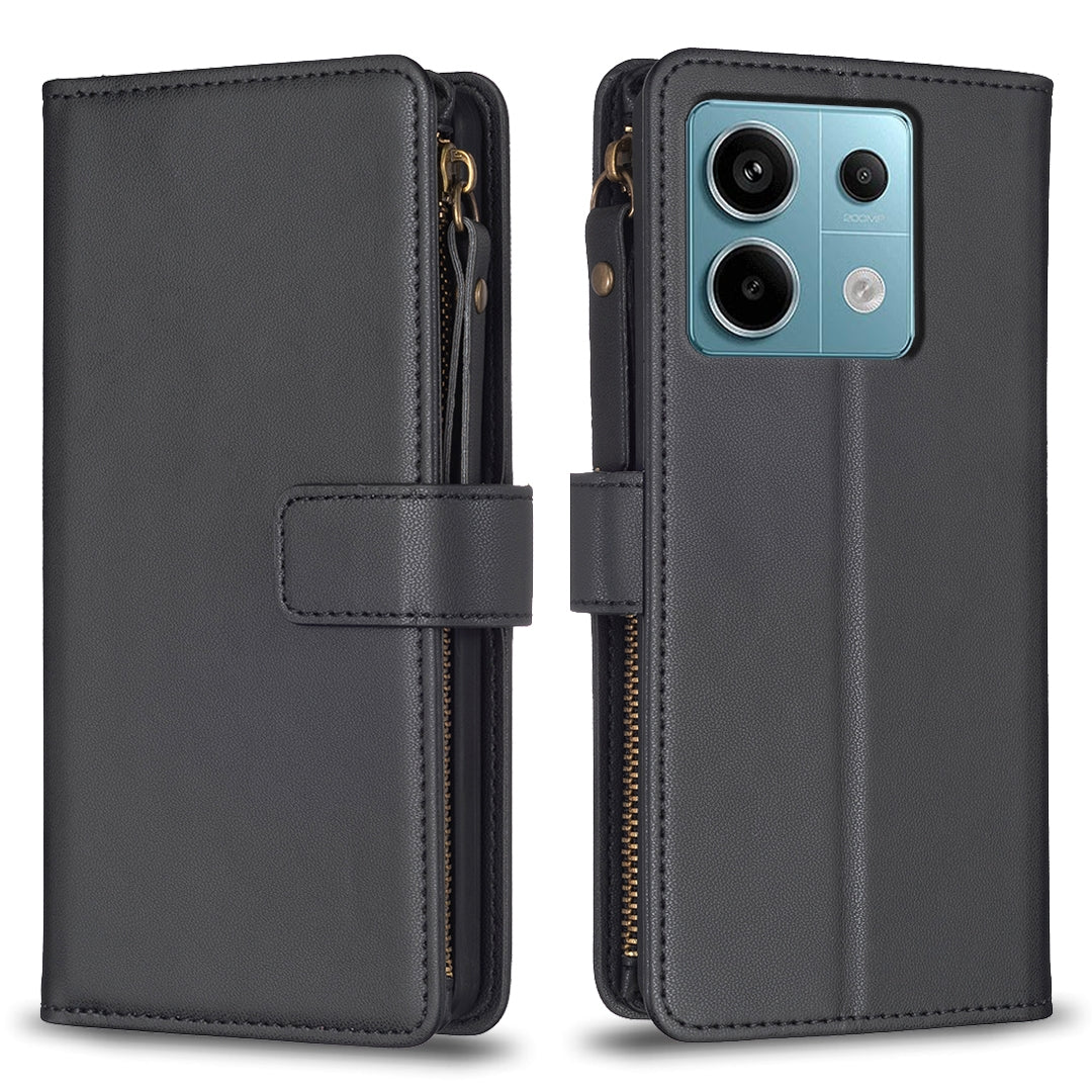 Xiaomi Redmi Note 13 Pro 5G Leather Flip Phone Case with Zipper Wallet and 9 Card Slots, Durable PU + TPU Material