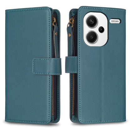 Xiaomi Redmi Note 13 Pro+ 5G Leather Flip Phone Case with Zipper Wallet and 9 Card Slots, Durable PU + TPU Material