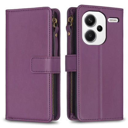 Xiaomi Redmi Note 13 Pro+ 5G Leather Flip Phone Case with Zipper Wallet and 9 Card Slots, Durable PU + TPU Material