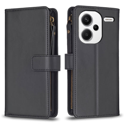 Xiaomi Redmi Note 13 Pro+ 5G Leather Flip Phone Case with Zipper Wallet and 9 Card Slots, Durable PU + TPU Material