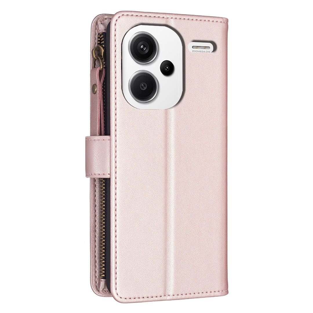 Xiaomi Redmi Note 13 Pro+ 5G Leather Flip Phone Case with Zipper Wallet and 9 Card Slots, Durable PU + TPU Material