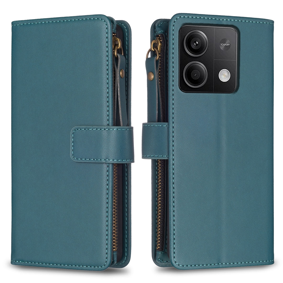 Xiaomi Redmi Note 13 Leather Flip Phone Case with Zipper Wallet and 9 Card Slots, Durable PU + TPU Material