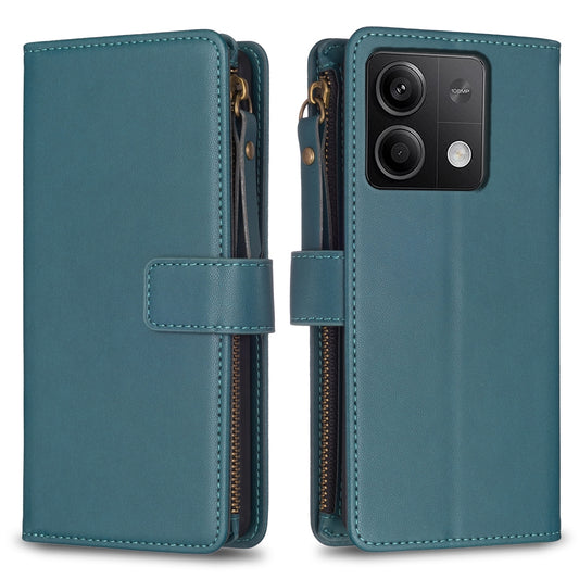 Xiaomi Redmi Note 13 Leather Flip Phone Case with Zipper Wallet and 9 Card Slots, Durable PU + TPU Material