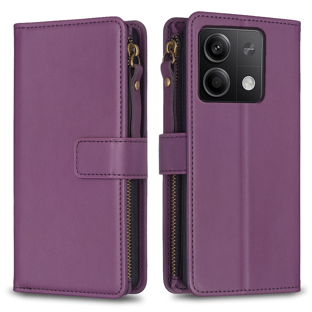 Xiaomi Redmi Note 13 Leather Flip Phone Case with Zipper Wallet and 9 Card Slots, Durable PU + TPU Material