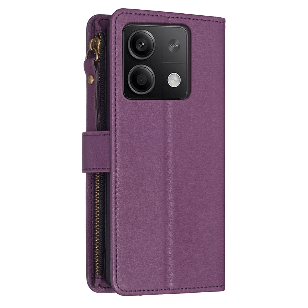 Xiaomi Redmi Note 13 Leather Flip Phone Case with Zipper Wallet and 9 Card Slots, Durable PU + TPU Material