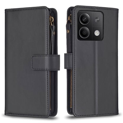 Xiaomi Redmi Note 13 Leather Flip Phone Case with Zipper Wallet and 9 Card Slots, Durable PU + TPU Material