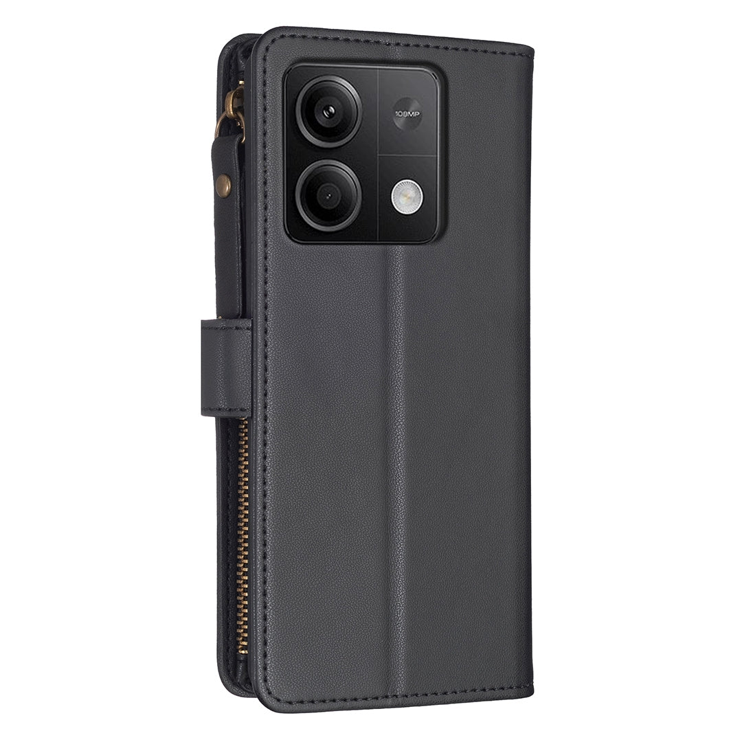 Xiaomi Redmi Note 13 Leather Flip Phone Case with Zipper Wallet and 9 Card Slots, Durable PU + TPU Material