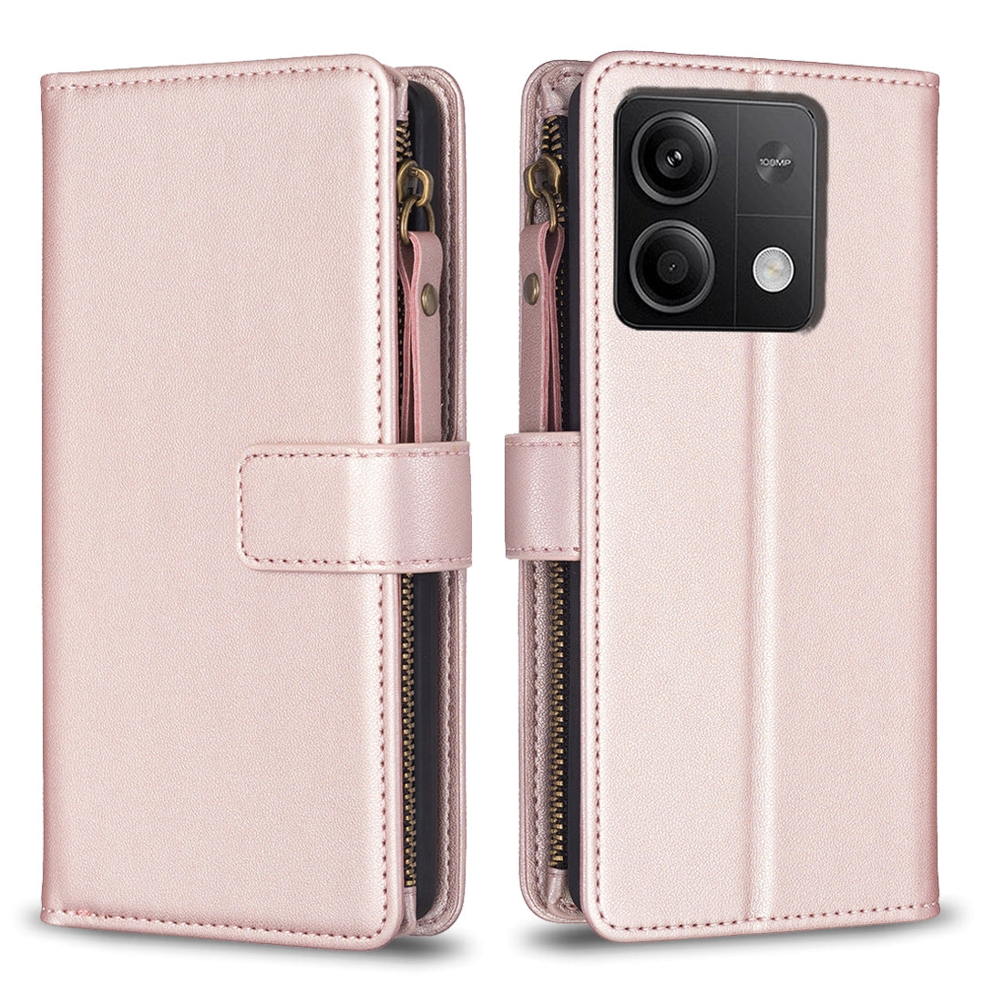 Xiaomi Redmi Note 13 Leather Flip Phone Case with Zipper Wallet and 9 Card Slots, Durable PU + TPU Material