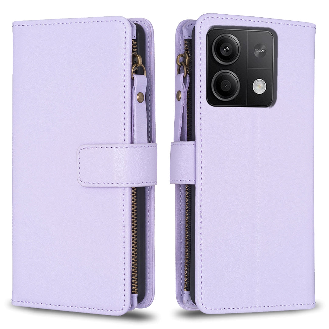 Xiaomi Redmi Note 13 Leather Flip Phone Case with Zipper Wallet and 9 Card Slots, Durable PU + TPU Material