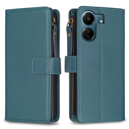 Xiaomi Redmi 13C Leather Flip Phone Case with Zipper Wallet and 9 Card Slots, Durable PU + TPU Material