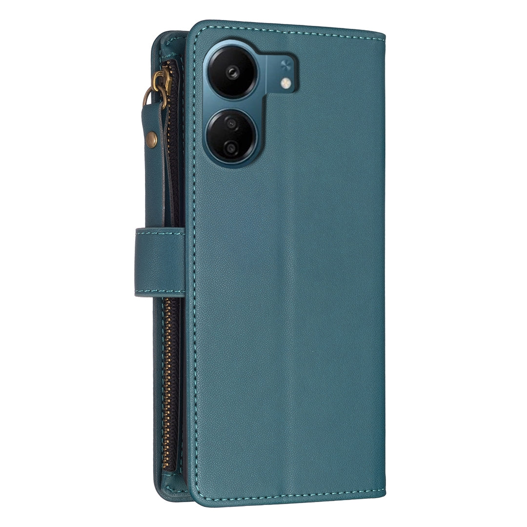 Xiaomi Redmi 13C Leather Flip Phone Case with Zipper Wallet and 9 Card Slots, Durable PU + TPU Material