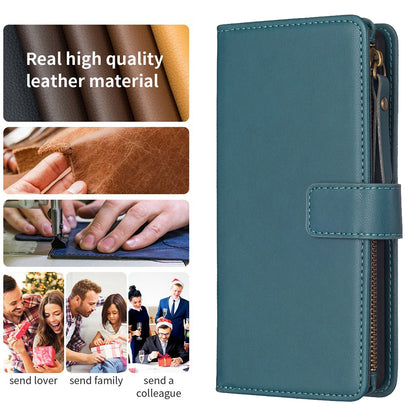 Xiaomi Redmi 13C Leather Flip Phone Case with Zipper Wallet and 9 Card Slots, Durable PU + TPU Material