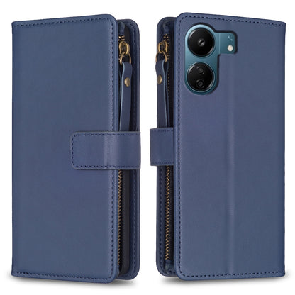 Xiaomi Redmi 13C Leather Flip Phone Case with Zipper Wallet and 9 Card Slots, Durable PU + TPU Material