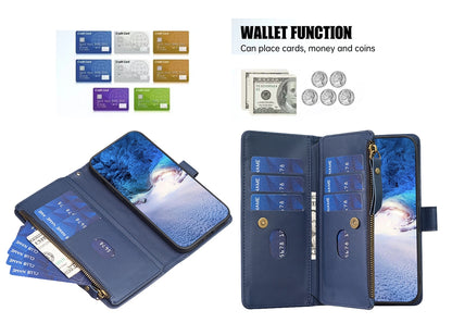 Xiaomi Redmi 13C Leather Flip Phone Case with Zipper Wallet and 9 Card Slots, Durable PU + TPU Material