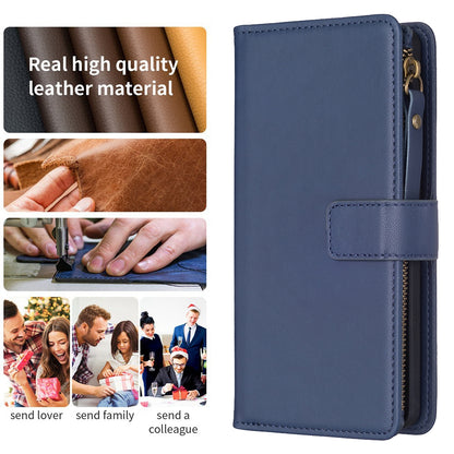 Xiaomi Redmi 13C Leather Flip Phone Case with Zipper Wallet and 9 Card Slots, Durable PU + TPU Material