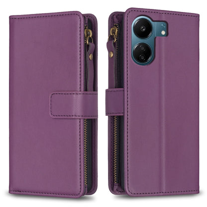 Xiaomi Redmi 13C Leather Flip Phone Case with Zipper Wallet and 9 Card Slots, Durable PU + TPU Material