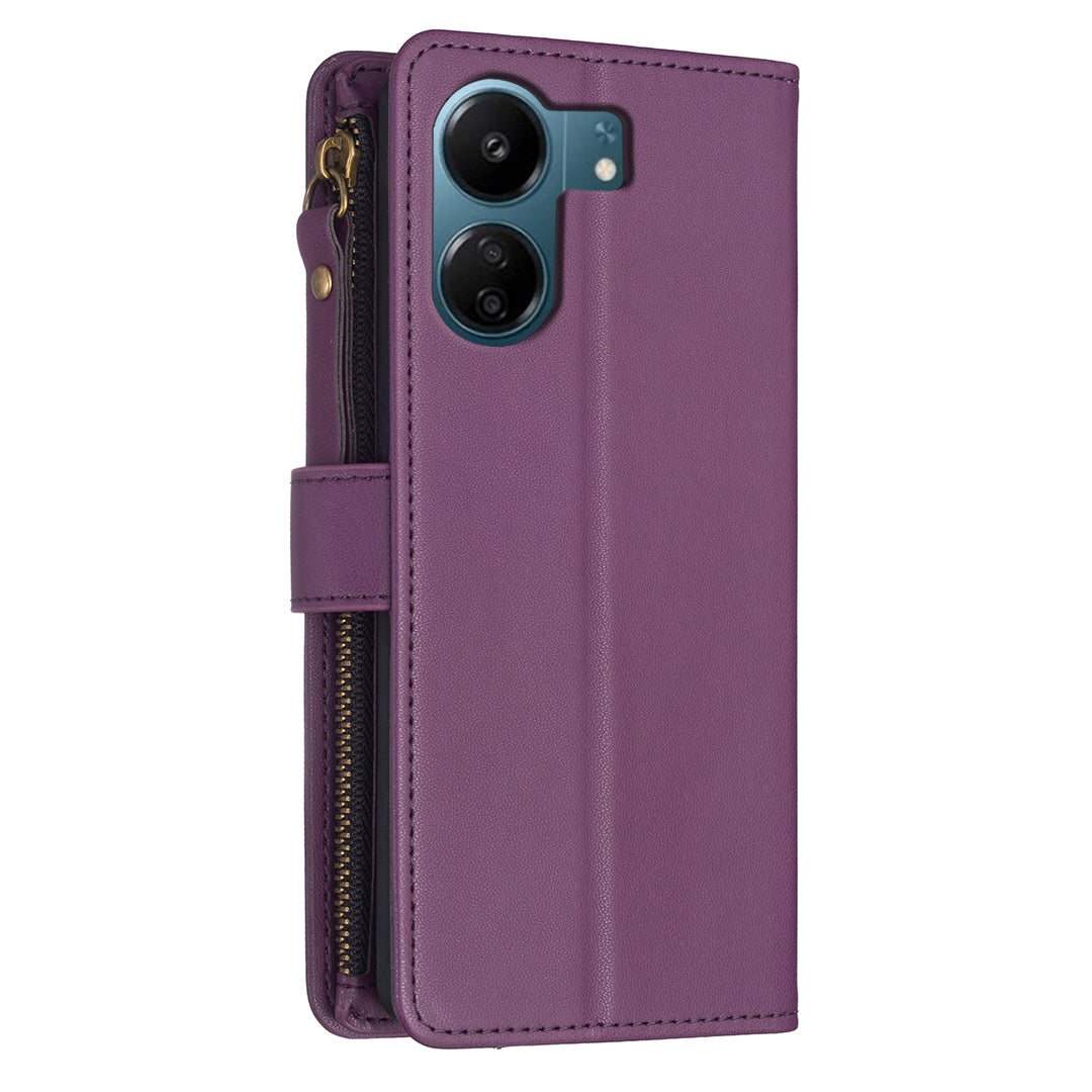 Xiaomi Redmi 13C Leather Flip Phone Case with Zipper Wallet and 9 Card Slots, Durable PU + TPU Material