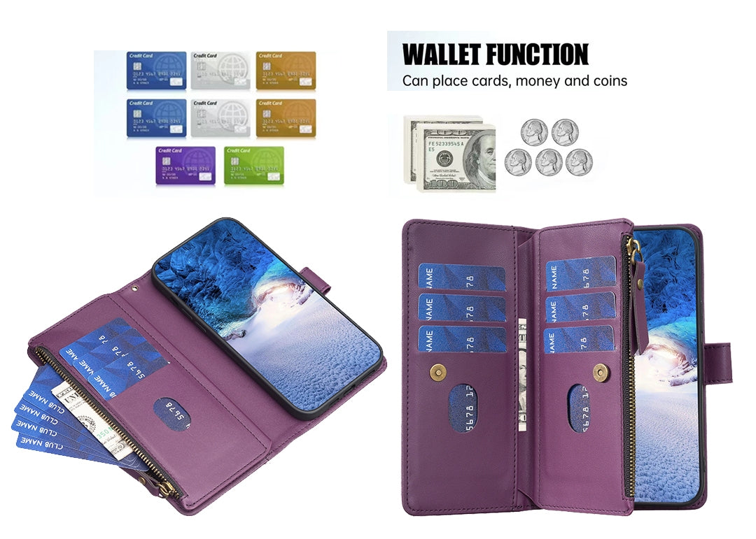 Xiaomi Redmi 13C Leather Flip Phone Case with Zipper Wallet and 9 Card Slots, Durable PU + TPU Material