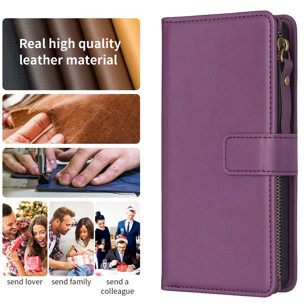 Xiaomi Redmi 13C Leather Flip Phone Case with Zipper Wallet and 9 Card Slots, Durable PU + TPU Material