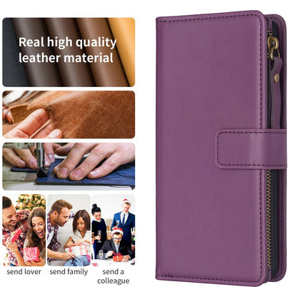 Xiaomi Redmi 13C Leather Flip Phone Case with Zipper Wallet and 9 Card Slots, Durable PU + TPU Material