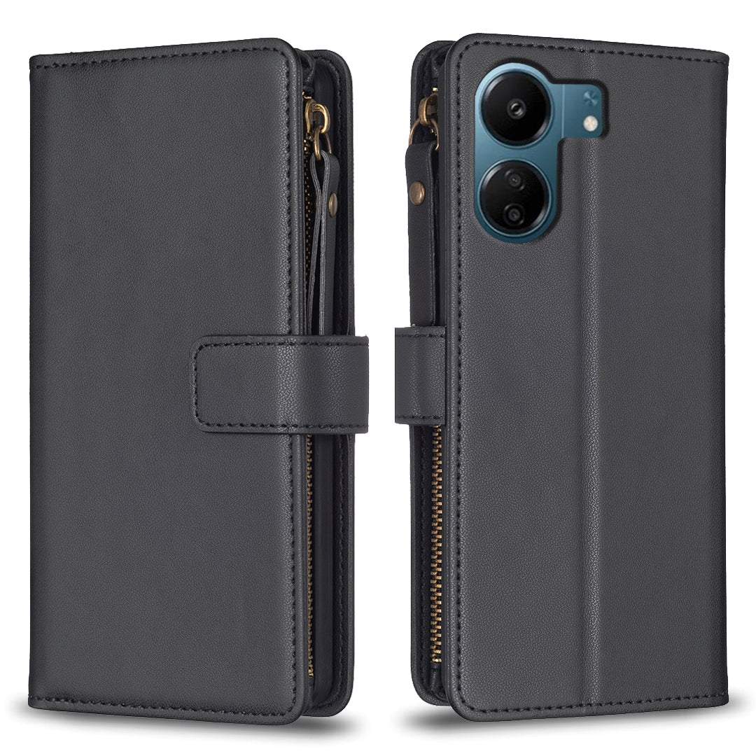 Xiaomi Redmi 13C Leather Flip Phone Case with Zipper Wallet and 9 Card Slots, Durable PU + TPU Material