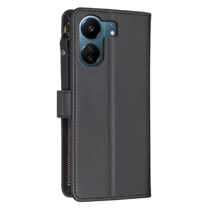 Xiaomi Redmi 13C Leather Flip Phone Case with Zipper Wallet and 9 Card Slots, Durable PU + TPU Material