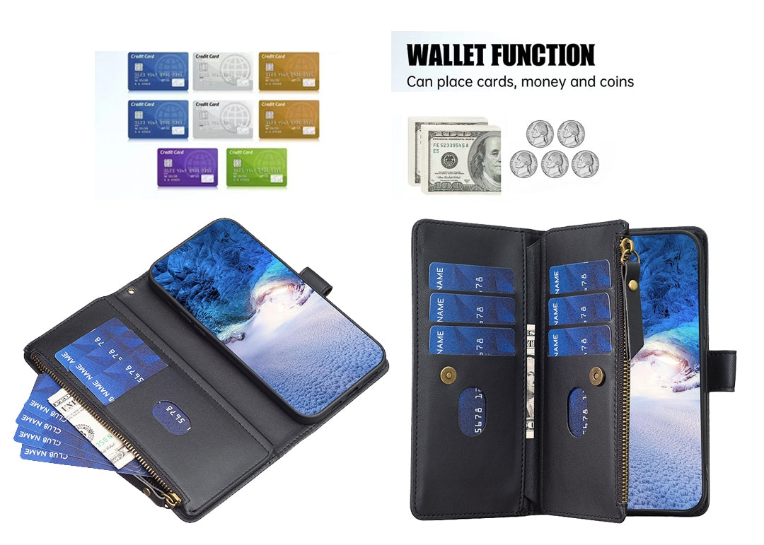 Xiaomi Redmi 13C Leather Flip Phone Case with Zipper Wallet and 9 Card Slots, Durable PU + TPU Material