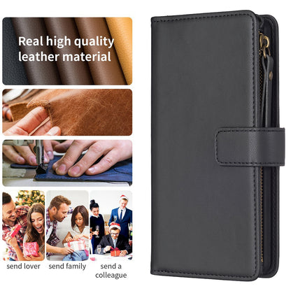 Xiaomi Redmi 13C Leather Flip Phone Case with Zipper Wallet and 9 Card Slots, Durable PU + TPU Material