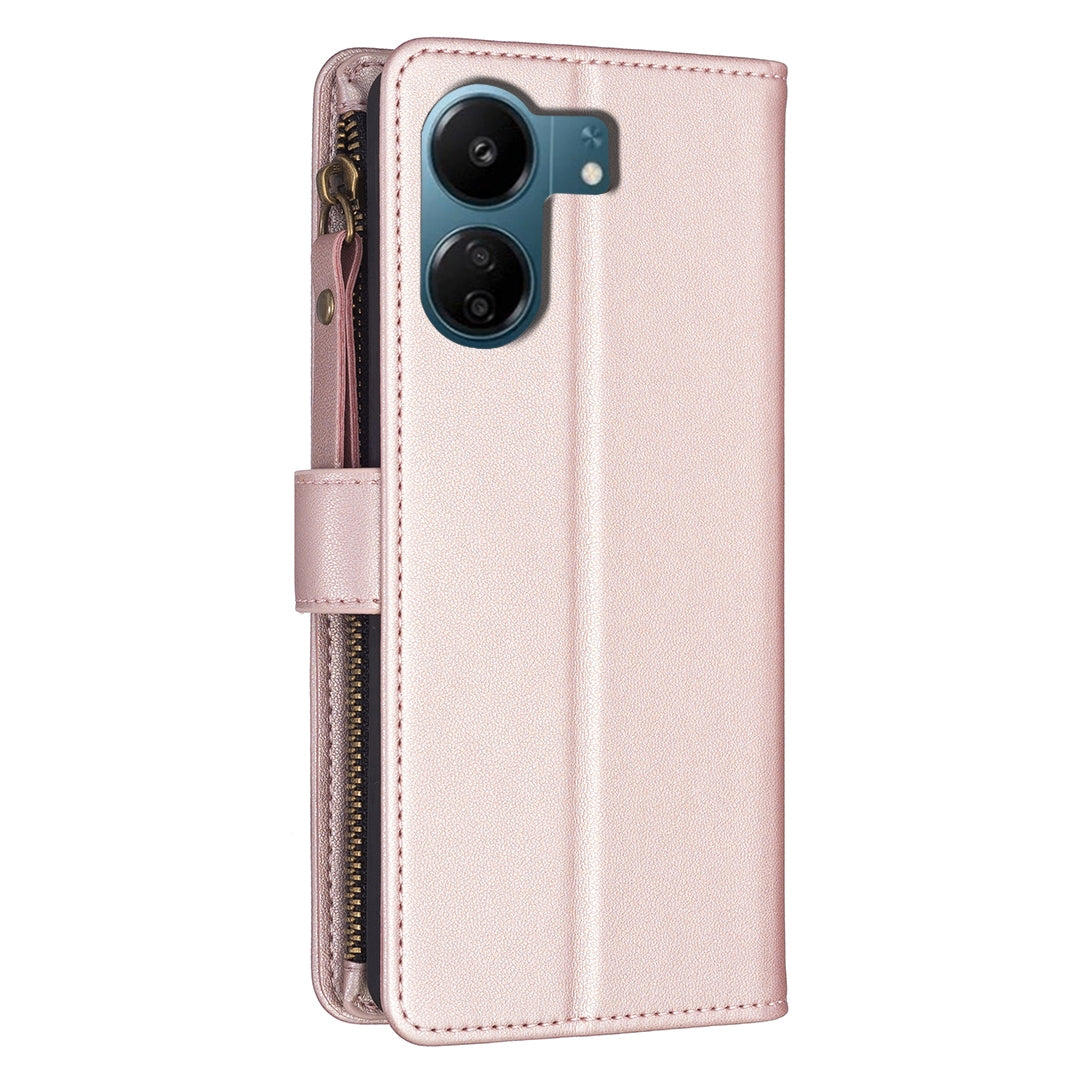 Xiaomi Redmi 13C Leather Flip Phone Case with Zipper Wallet and 9 Card Slots, Durable PU + TPU Material