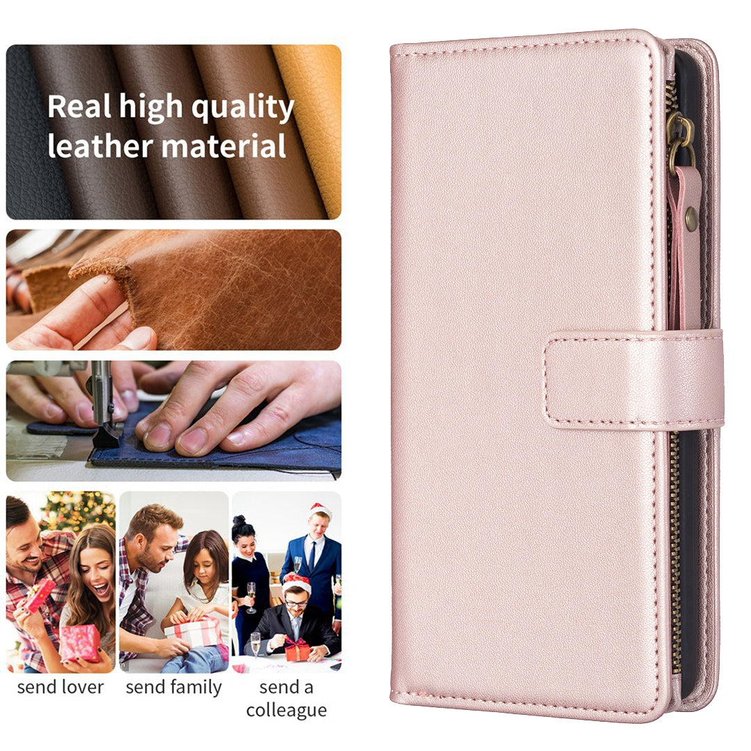 Xiaomi Redmi 13C Leather Flip Phone Case with Zipper Wallet and 9 Card Slots, Durable PU + TPU Material