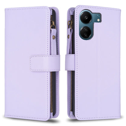 Xiaomi Redmi 13C Leather Flip Phone Case with Zipper Wallet and 9 Card Slots, Durable PU + TPU Material