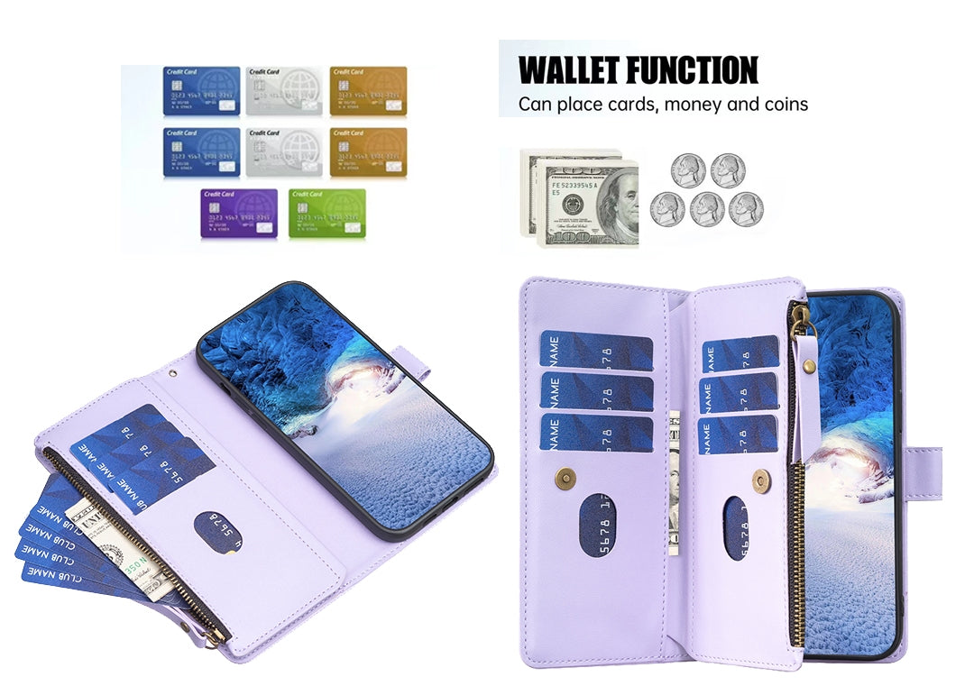 Xiaomi Redmi 13C Leather Flip Phone Case with Zipper Wallet and 9 Card Slots, Durable PU + TPU Material