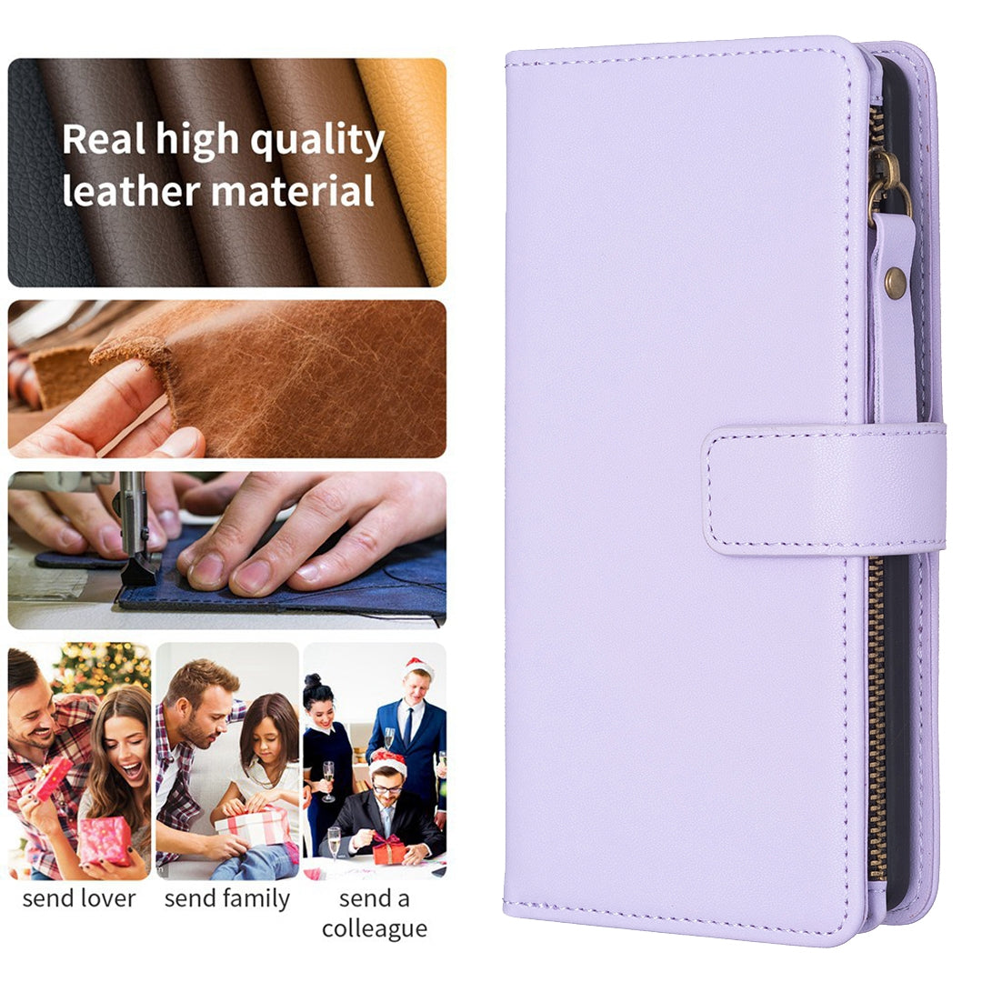 Xiaomi Redmi 13C Leather Flip Phone Case with Zipper Wallet and 9 Card Slots, Durable PU + TPU Material