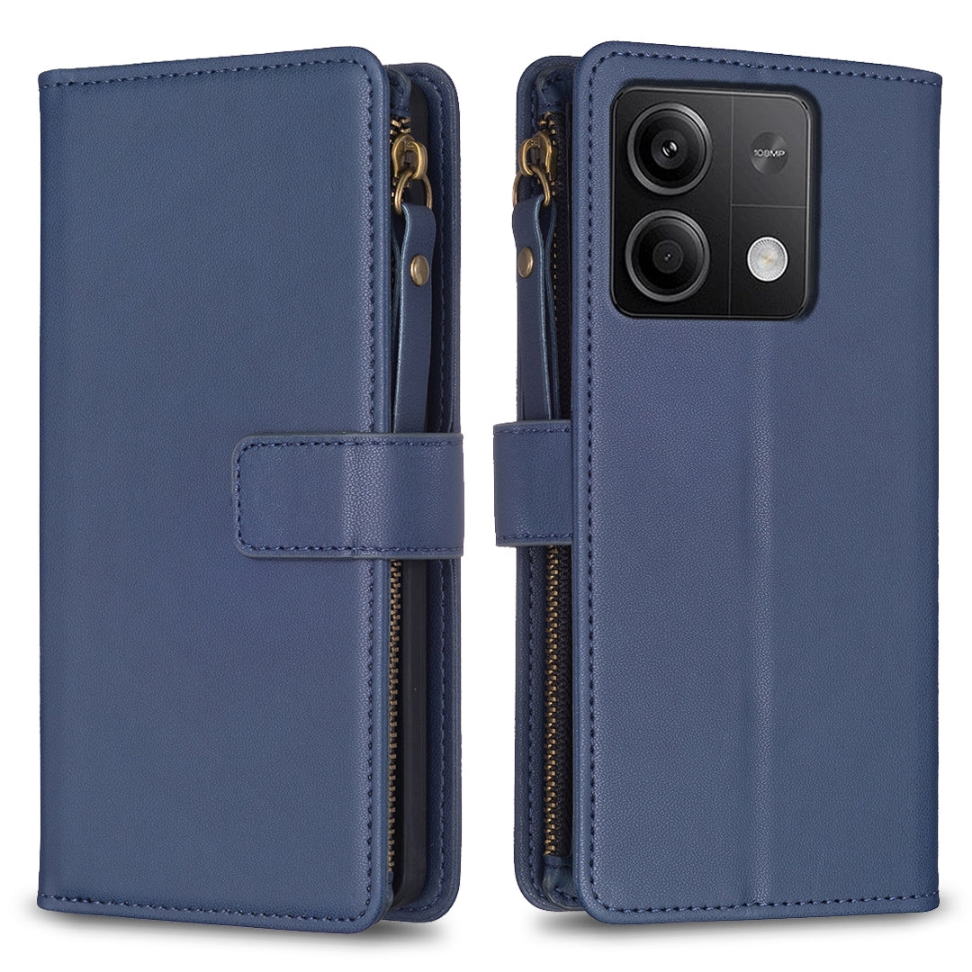 Xiaomi Redmi Note 13 4G Global Leather Flip Phone Case with Zipper Wallet and 9 Card Slots, Durable PU + TPU Material