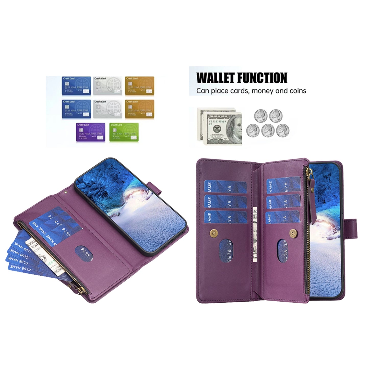 Xiaomi Redmi Note 13 4G Global Leather Flip Phone Case with Zipper Wallet and 9 Card Slots, Durable PU + TPU Material